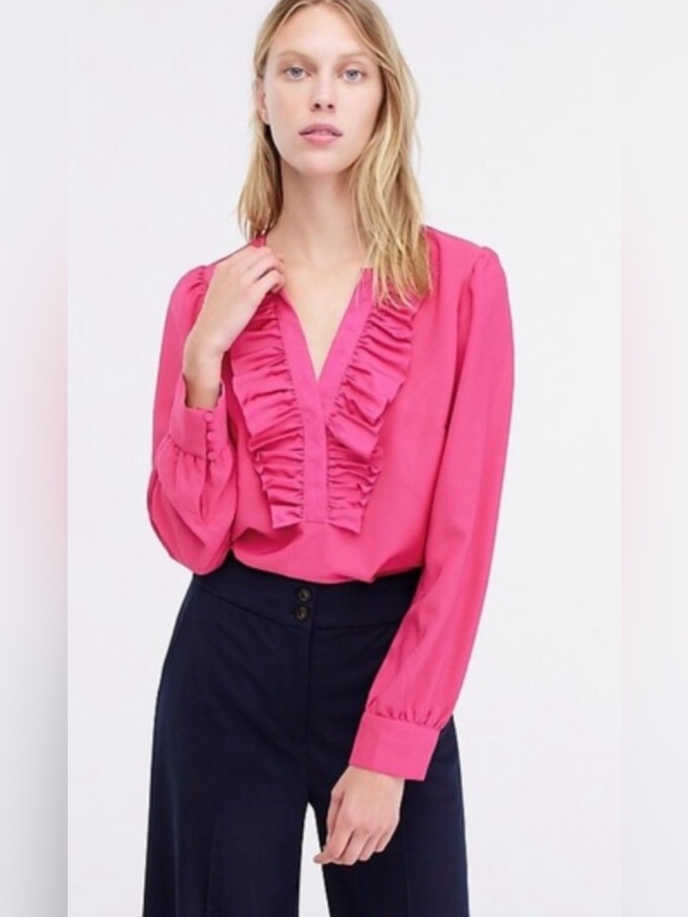 J Crew Ruffle V-Neck Blouse Long Sleeves - Bright Pink